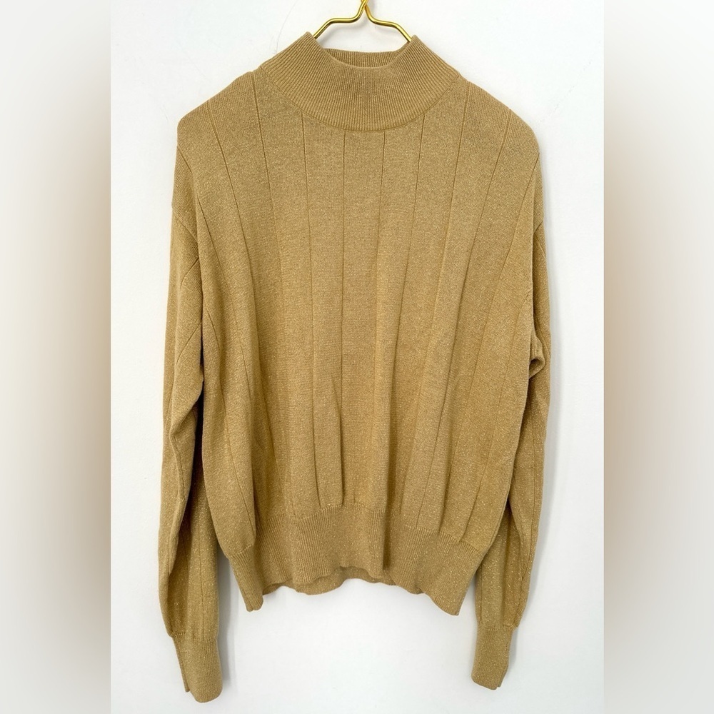 Vintage Dressbarn Gold Shimmer Sparkle Mock Neck Knit Pullover Sweater Womens XL